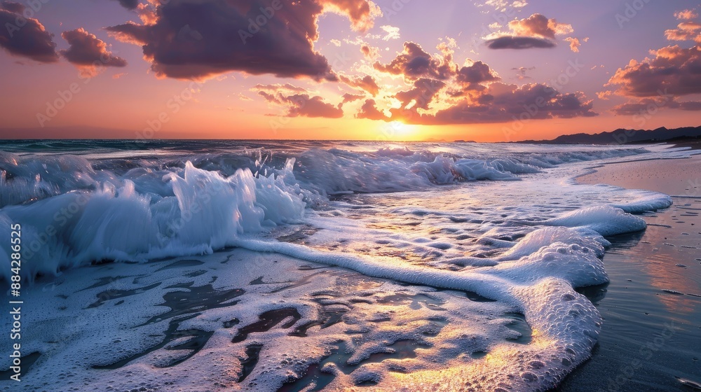 Stunning beach sunset with foamy waves, endless horizon, distant figures, and volcanic hills. Stunning beach sunset with foamy waves, endless horizon, distant figures, and volcanic hills.
