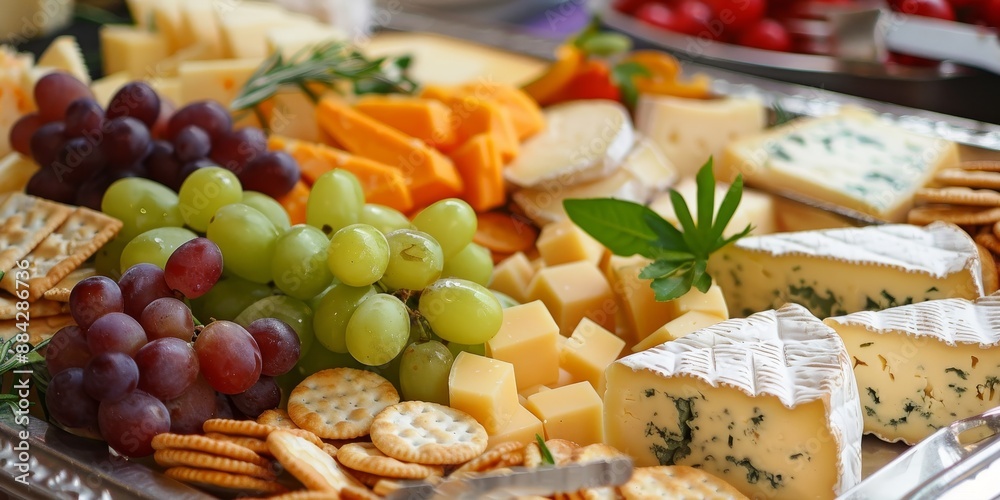 A tray of assorted cheeses paired with grapes and crackers, inviting viewers to savor the taste of fine cuisine A tray of assorted cheeses paired with grapes and crackers, inviting viewers to savor the taste of fine cuisine