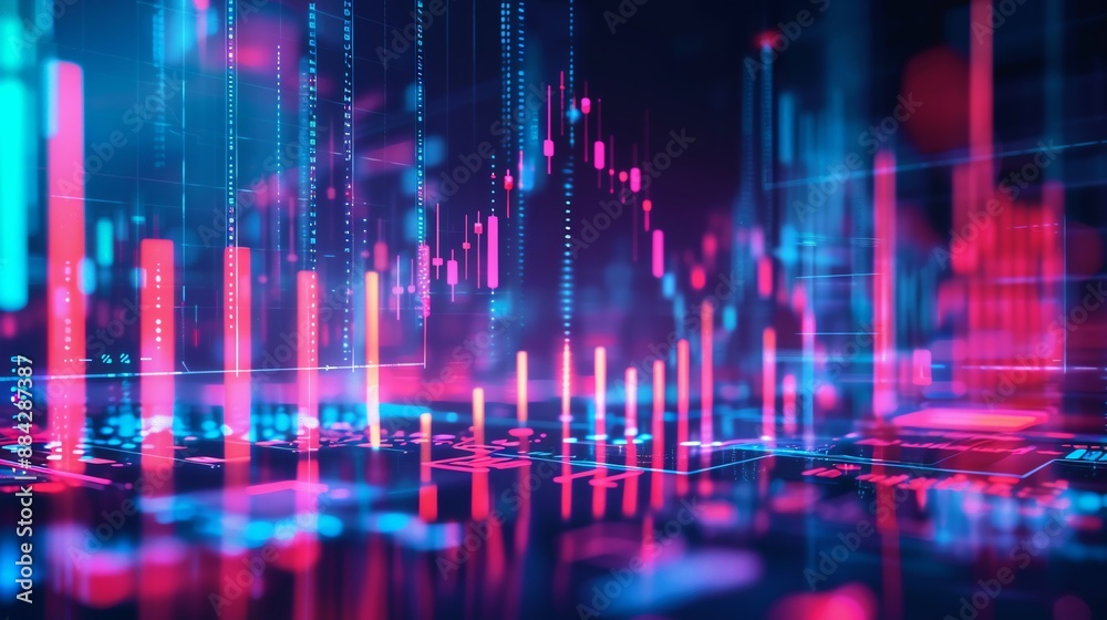 A glowing pink and blue circuit board with binary code and graphs. A glowing pink and blue circuit board with binary code and graphs.