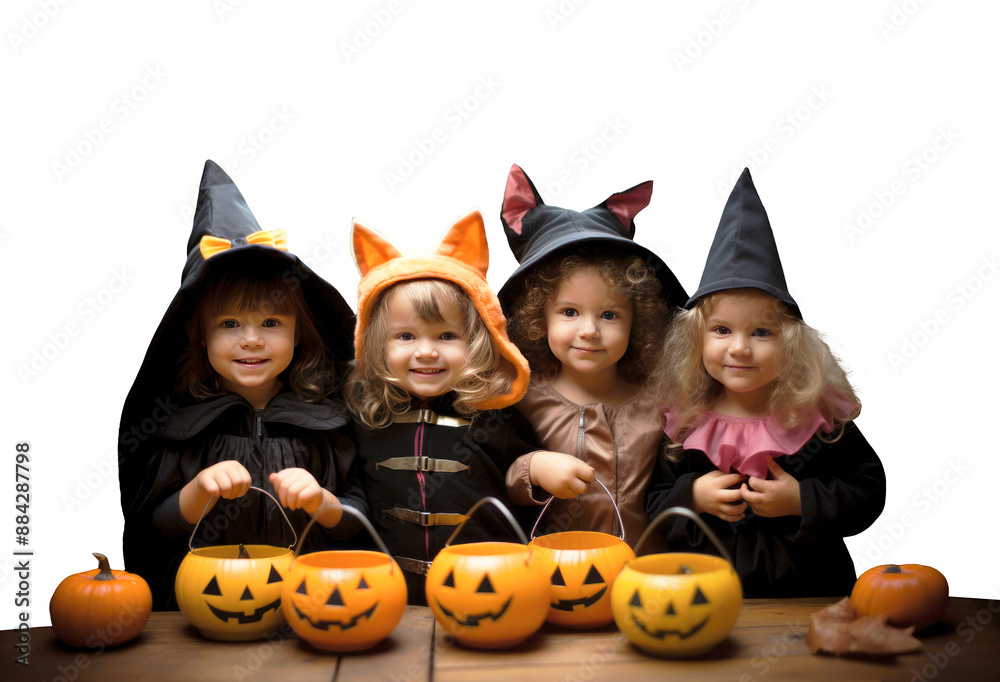 Adorable young children dressed in cute Halloween costumes holding pumpkin baskets and smiling Adorable young children dressed in cute Halloween costumes holding pumpkin baskets and smiling