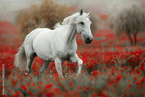 Majestic white horse galloping through a vibrant red flower field in a serene countryside setting, showcasing the beauty of nature and equine grace.