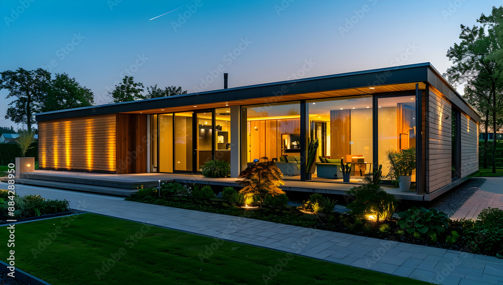 Modern single-story house with large windows, warm interior lighting, and outdoor landscaping at twilight. Modern single-story house with large windows, warm interior lighting, and outdoor landscaping at twilight.