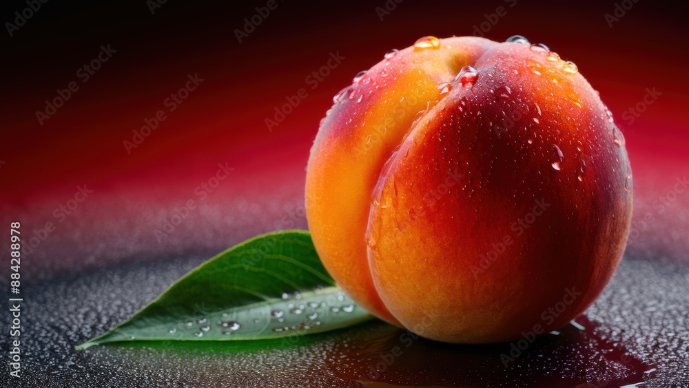 A peach with water droplets on it sitting next to a leaf, AI A peach with water droplets on it sitting next to a leaf, AI