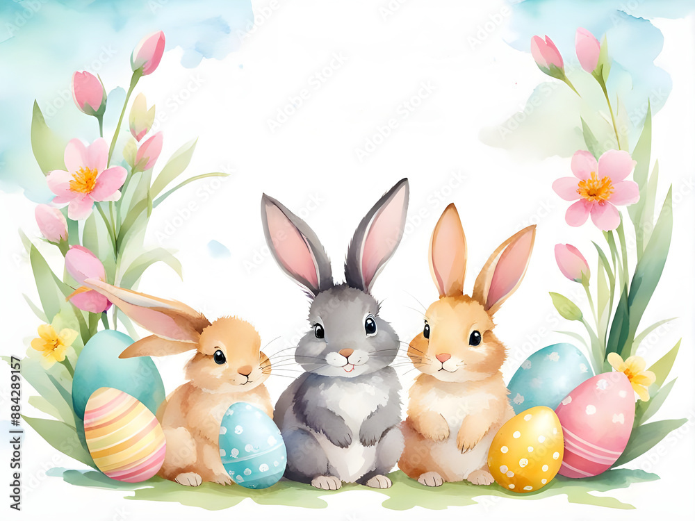 Charming watercolor illustration of three Easter bunnies surrounded by colorful eggs and vibrant spring flowers, with Charming watercolor illustration of three Easter bunnies surrounded by colorful eggs and vibrant spring flowers, with