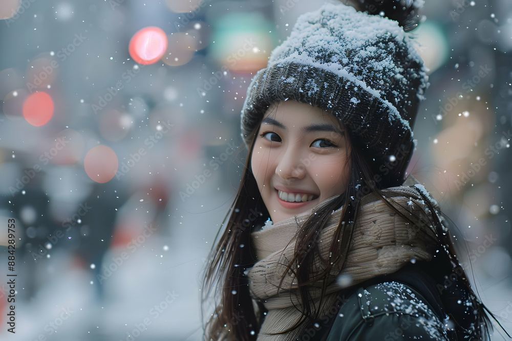Smiling woman in a winter coat and hat, surrounded by falling snow with city lights in the background, creating a festive atmosphere. Smiling woman in a winter coat and hat, surrounded by falling snow with city lights in the background, creating a festive atmosphere.
