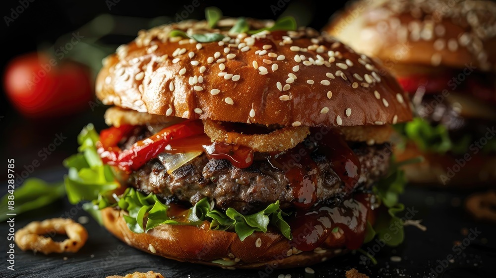 Delicious gourmet burger with fresh lettuce, juicy tomato, and crispy onion rings in a sesame seed bun, perfect for a mouthwatering meal. Delicious gourmet burger with fresh lettuce, juicy tomato, and crispy onion rings in a sesame seed bun, perfect for a mouthwatering meal.