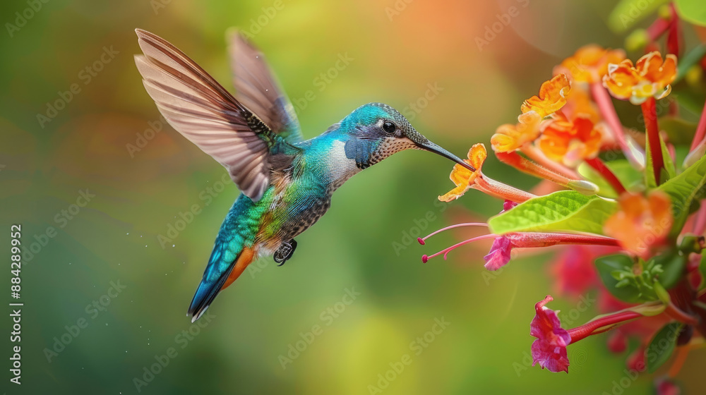 Macro shot of hummingbird mid-flight sipping nectar from vibrant flower, nature background wallpaper. Macro shot of hummingbird mid-flight sipping nectar from vibrant flower, nature background wallpaper.