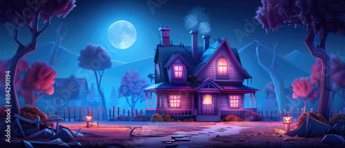 Spooky haunted house on moonlit night in flat design photo