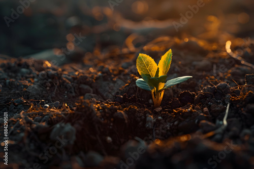 Young plant sprout emerging from rich soil at sunrise, symbolizing growth, hope, and new beginnings in nature and agriculture.