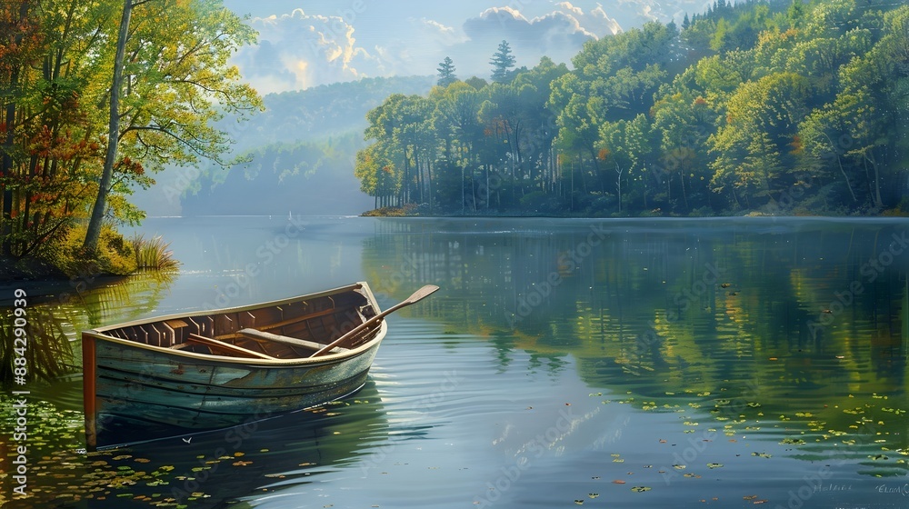 Peaceful Labor Day Boating Adventure on a Tranquil Lake Surrounded by Lush Foliage Peaceful Labor Day Boating Adventure on a Tranquil Lake Surrounded by Lush Foliage