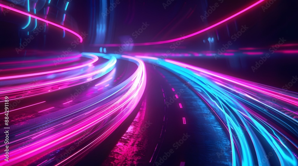 Obraz premium Vibrant neon light trails captured in motion, ideal for dynamic and futuristic visuals. 