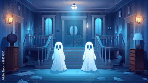 Eerie haunted house with ghostly apparitions on a spooky night, flat design concept