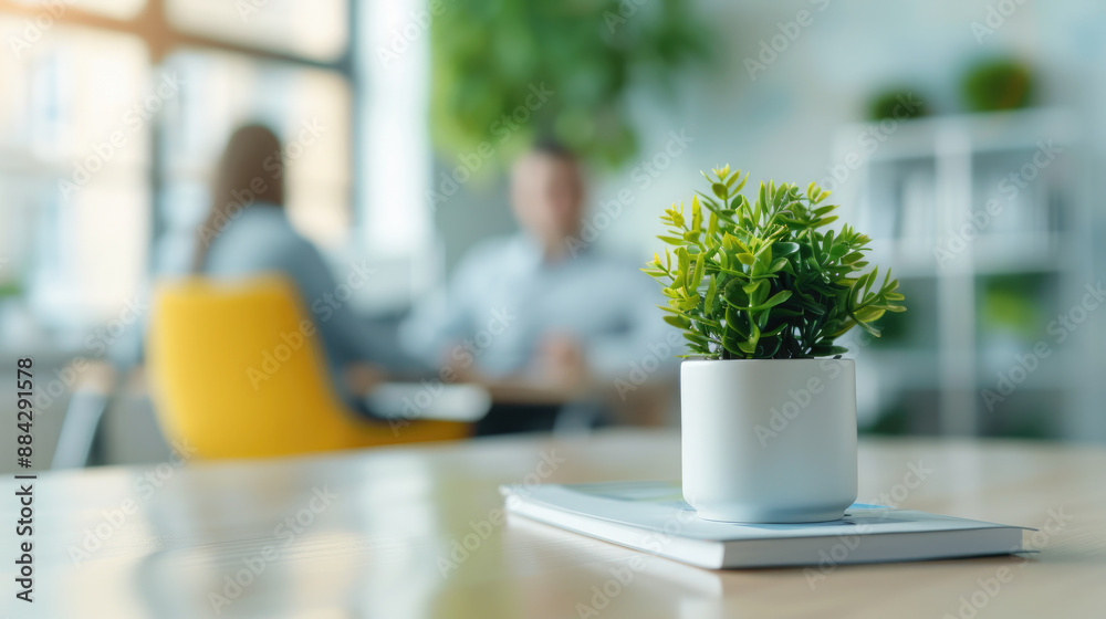 Professionals discuss corporate carbon footprint reduction strategies with copy space, object focus, and deep depth of field. Professionals discuss corporate carbon footprint reduction strategies with copy space, object focus, and deep depth of field.