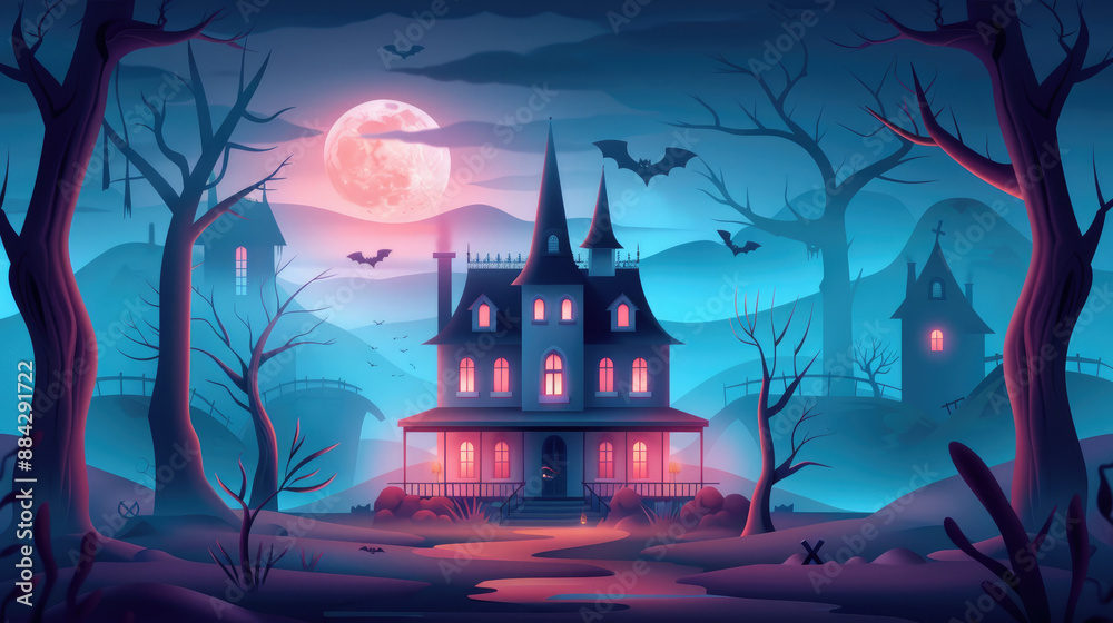Spooky witch flying over haunted mansion in flat design. Spooky witch flying over haunted mansion in flat design.