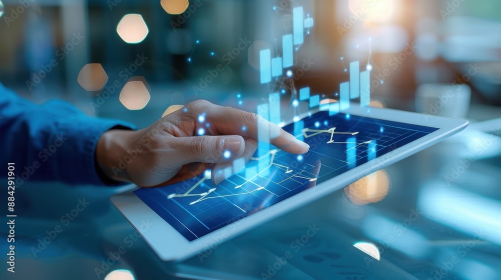Businessman using tablet with financial growth graph, representing market research and planning. Businessman using tablet with financial growth graph, representing market research and planning.