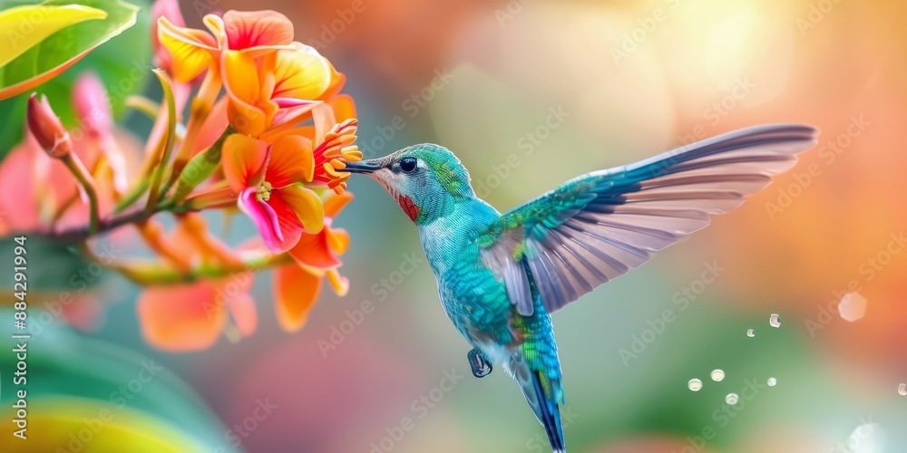 A colorful hummingbird feeding on nectar from a vibrant flower, symbolizing vitality and energy A colorful hummingbird feeding on nectar from a vibrant flower, symbolizing vitality and energy