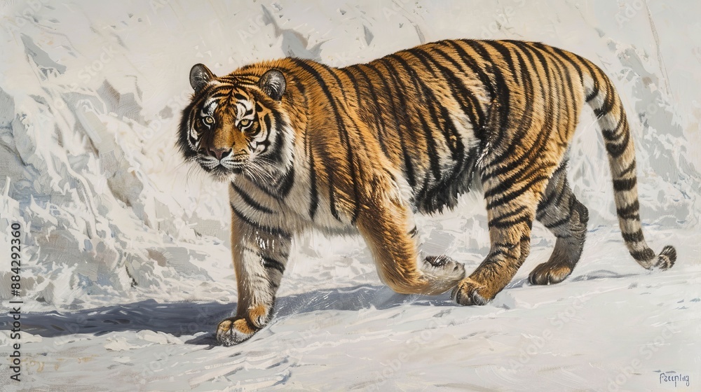 Obraz premium A stunning painting of a tiger walking through a snowy landscape, capturing the fierce beauty and majestic presence of the tiger amidst the cold, white surroundings in an artistic style.
