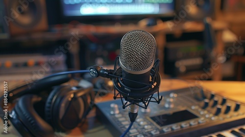 Professional microphone and headphones, radio station setup photo