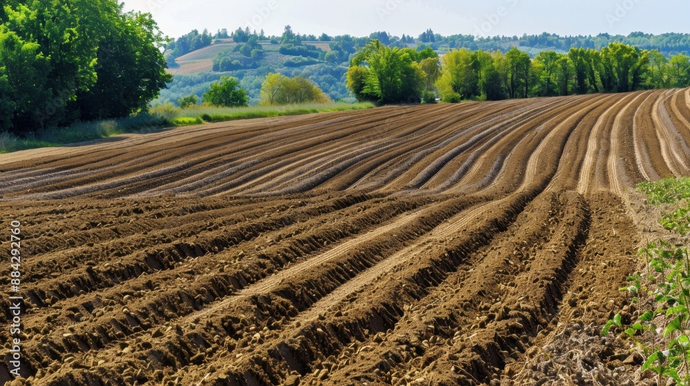Plowed field with furrows, agricultural landscape in countryside Plowed field with furrows, agricultural landscape in countryside