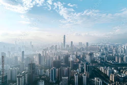 Aerial View of a Modern City with Blue Sky