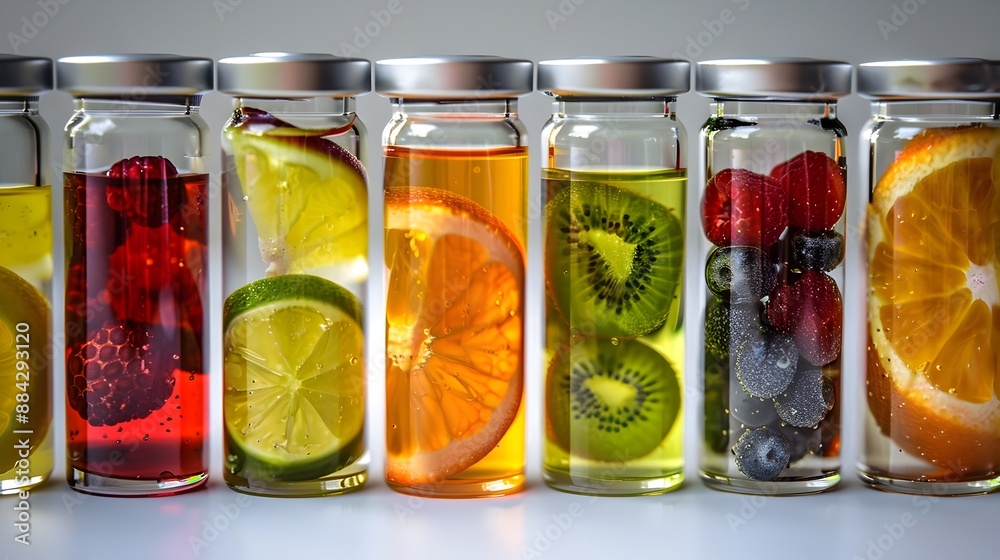 Realism of Fresh Fruit Extracts in Clear Glass Vials Showcasing Natural Vibrant Hues and Refreshing Appeal Realism of Fresh Fruit Extracts in Clear Glass Vials Showcasing Natural Vibrant Hues and Refreshing Appeal