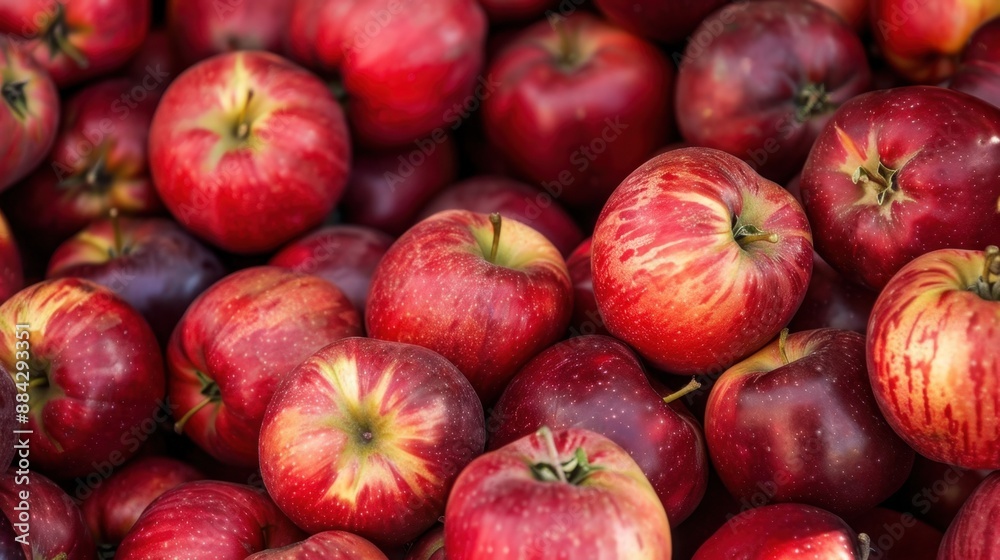Abundant red apples, fresh and juicy, forming a vibrant, appetizing background. Abundant red apples, fresh and juicy, forming a vibrant, appetizing background.