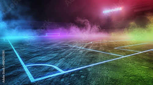 Textured soccer field with neon fog, highlighting the midfield area in a vibrant 3D illustration.