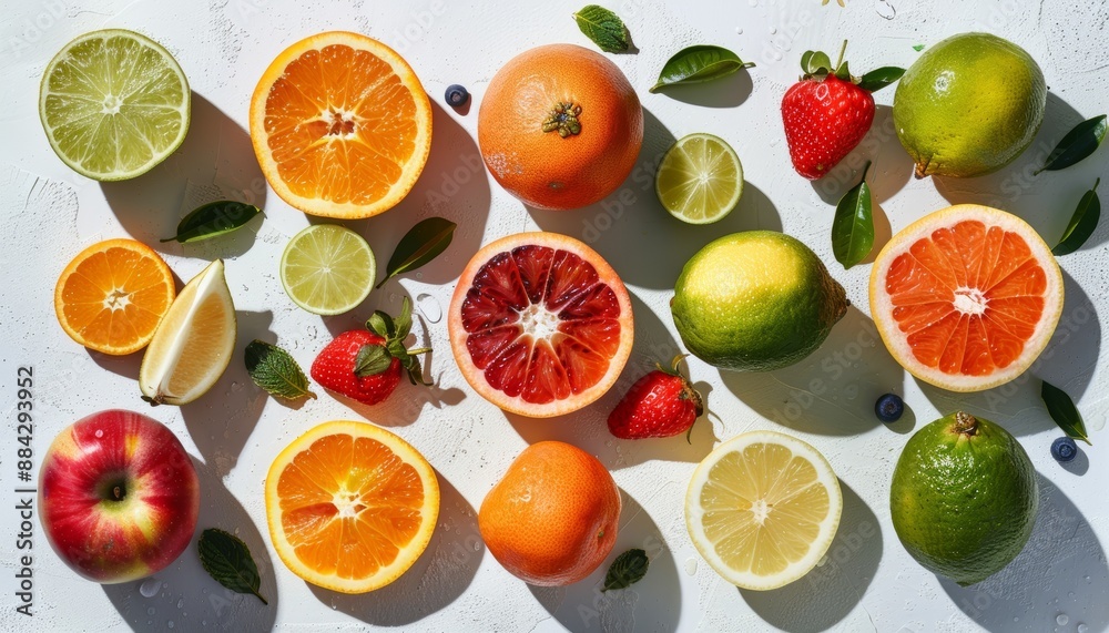 Fresh assortment of sliced citrus fruits and berries on a light background. Vibrant colors and healthy organic food concept.