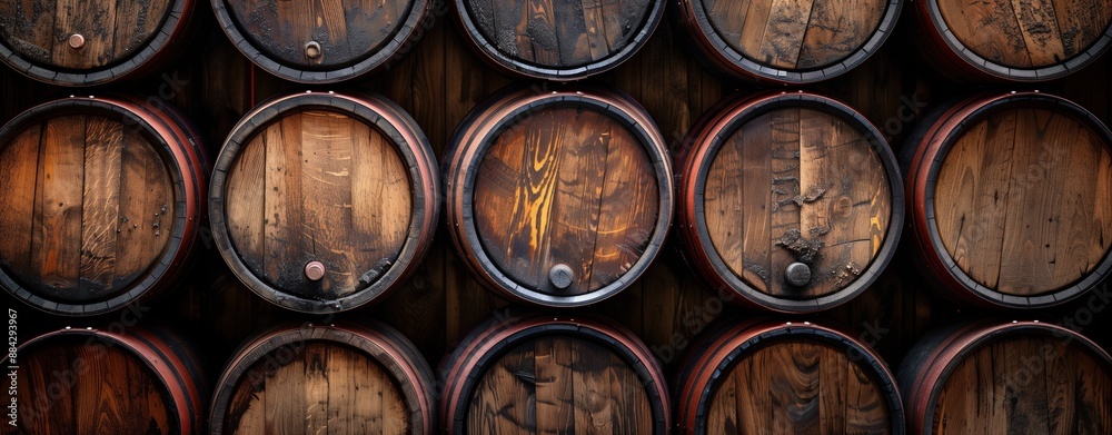 A background of wooden barrels stacked in an old wine cellar, showcasing the traditional process for making beer or whiskey. A background of wooden barrels stacked in an old wine cellar, showcasing the traditional process for making beer or whiskey.