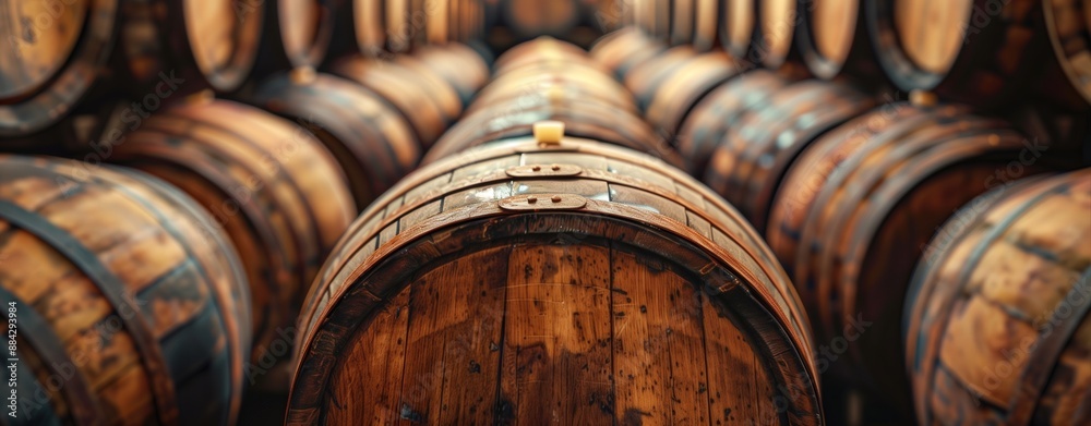 A background of wooden barrels stacked in an old wine cellar, showcasing the traditional process A background of wooden barrels stacked in an old wine cellar, showcasing the traditional process