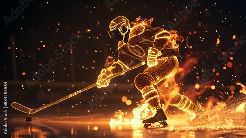 An ice hockey player glowing with fiery animation as they skate across the rink, highlighting the intense passion and dynamic motion of the sport in an electrifying scene.