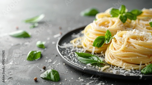 A plate of freshly prepared pasta topped with basil leaves and grated Parmesan cheese, presented on a dark background.