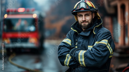 confident firefighter in uniform, standing tall with crossed arms, exuding strength and determination