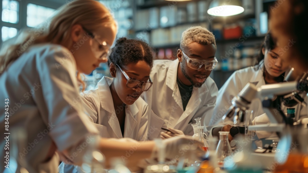 Diverse students collaborating on chemistry project in lab, modern equipment, bright atmosphere Diverse students collaborating on chemistry project in lab, modern equipment, bright atmosphere