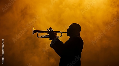 A person playing the trumpet is seen in a dramatic composition with golden lighting effect, evoking themes of music, passion, and artistic expression through a silhouette.