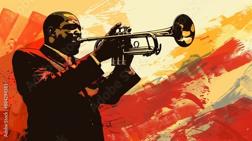 An artistic illustration featuring a trumpet player depicted with a vibrant and abstract background, combining musical performance with creative expression and bold colors.