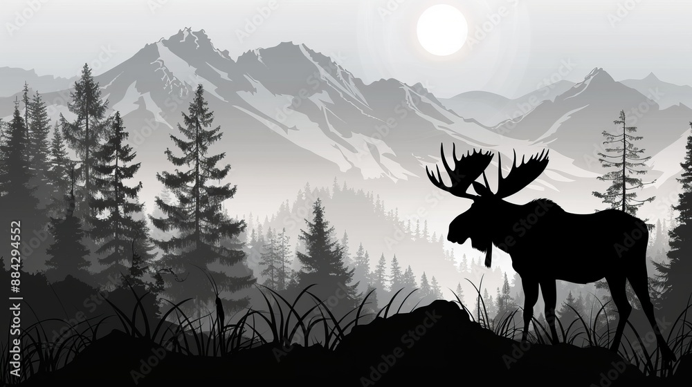 An elegant silhouette of a moose standing amid a serene forest, with majestic mountains in the background, portraying the beauty and tranquility of nature. An elegant silhouette of a moose standing amid a serene forest, with majestic mountains in the background, portraying the beauty and tranquility of nature.
