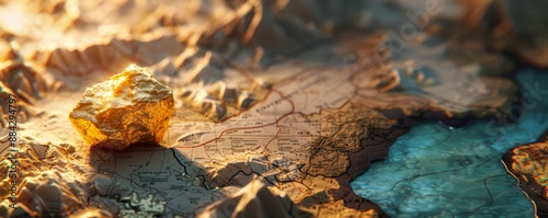 High-detail 3D map of fantasy terrain showing mountains and rivers with a gold nugget, perfect for adventure-themed projects.