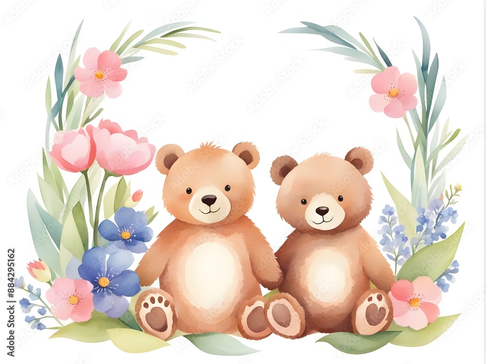 Obraz premium Charming watercolor illustration of two teddy bears surrounded by vibrant spring flowers and greenery, creating a delightful and whimsical scene.