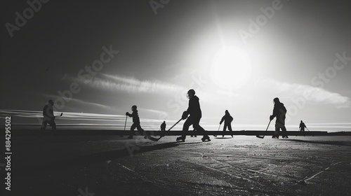 A monochrome photograph capturing kids playing hockey on a frozen lake. The timeless feel of the image showcases the simplicity and beauty of childhood and outdoor play during winter.
