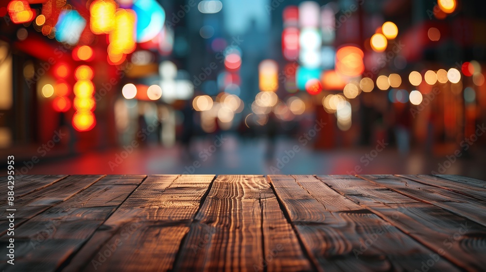 Wooden table with blurred background, out of focus light and shadows in a cityscape at night. For Christmas, Birthday, anniversary party celebration wallpaper with copyspace. Wooden table with blurred background, out of focus light and shadows in a cityscape at night. For Christmas, Birthday, anniversary party celebration wallpaper with copyspace.