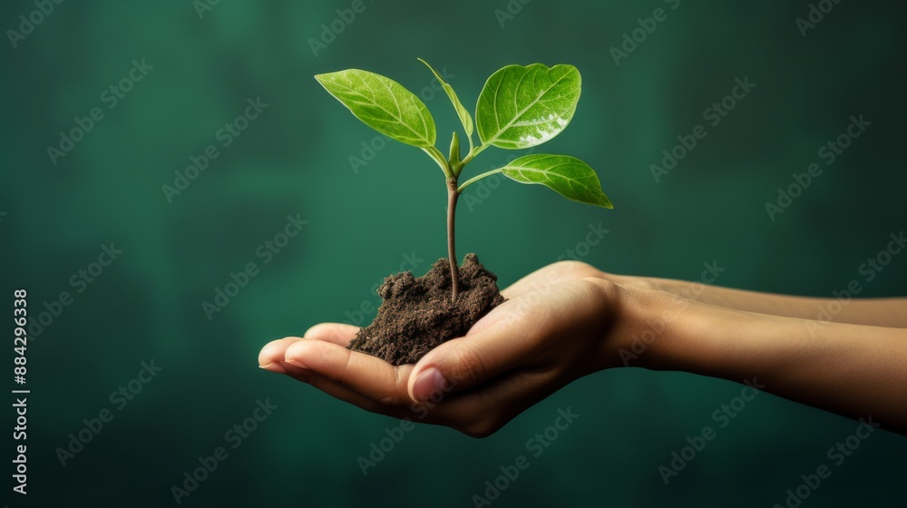 Female hand gently cradling a tiny plant sapling, vibrant green background Female hand gently cradling a tiny plant sapling, vibrant green background