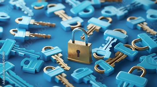 Multiple scattered blue keys surrounding a central golden padlock on a blue background, illustrating security and access control concepts. 3D rendering.
 photo