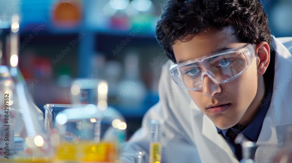 Focused student mixing chemicals in chemistry lab, wearing safety goggles and lab coat, clean background Focused student mixing chemicals in chemistry lab, wearing safety goggles and lab coat, clean background