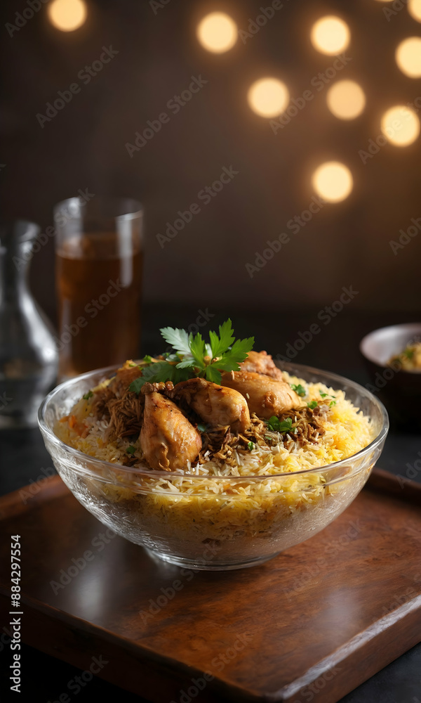 A bowl filled with spicy Indian chicken biryani, a traditional and flavorful rice dish commonly served at festive events and celebrations. A bowl filled with spicy Indian chicken biryani, a traditional and flavorful rice dish commonly served at festive events and celebrations.