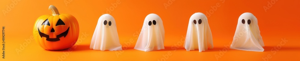 A ghost is standing on a yellow background. Free copy space for text. A ghost is standing on a yellow background. Free copy space for text.