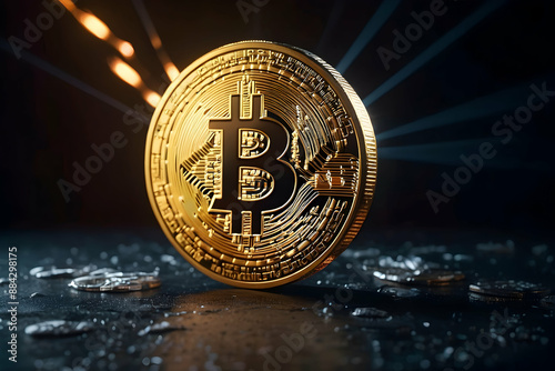 Bitcoin Crypto currency coins background. BTC Gold bitcoin Bit Coins bitcoins. Bitcoins mining concept, Blockchain money technology. 3d illustration. photo