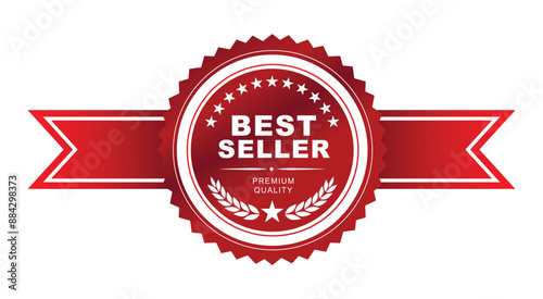 Best seller sticker label, red badge and Horizontal ribbon with Stars and laurel wreath Decoration vector isolated with Premium Quality product, book cover , Premium goods , or website ready to print