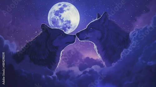 Two wolves howling at the moon, beautiful sky with stars and moon