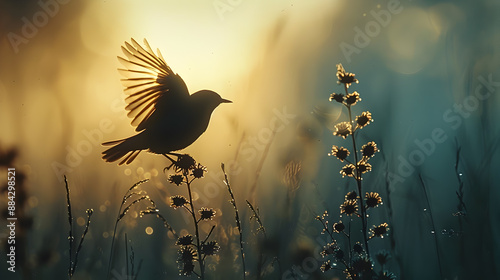 Minimalist Silhouette of a Dynamic Flying Bird Soaring Against a Serene Blue Ombre Backdrop with Subtle Film Grain and Ethereal Lighting Conveying a Nostalgic Analog Aesthetic